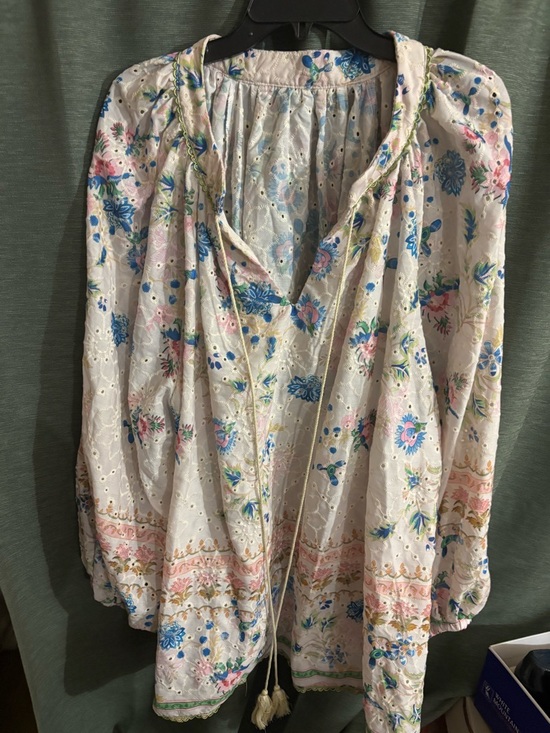 SHEIN Tops - SHEIN Pastel Floral Eyelet Blouse with Green Trim